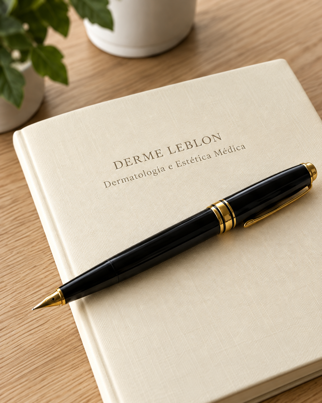 Caneta preta e dourada sobre um caderno marfim Derme Leblon